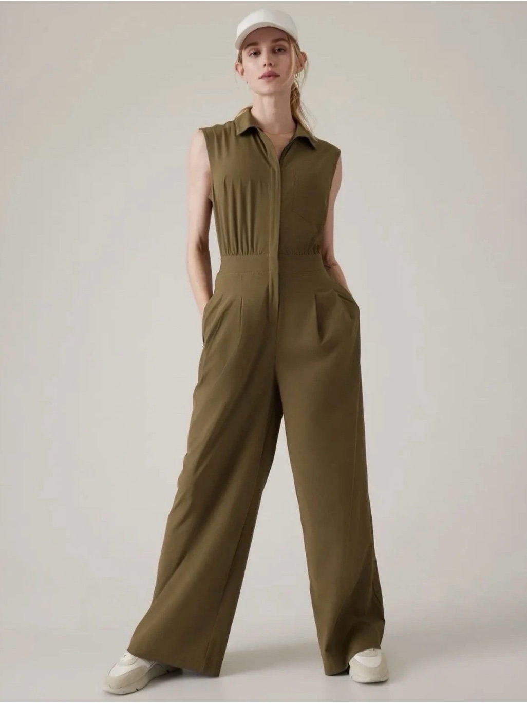 Athleta Olive Green Brooklyn Heights Wide Leg Jumpsuit Sz 12